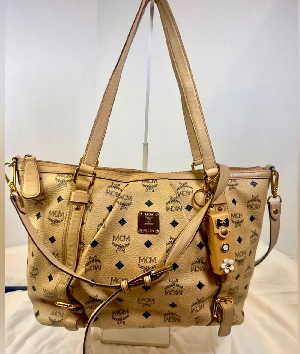 MCM Beige Visetos Monogram Leather Shoulder Bag